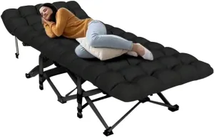 Folding Camping Cot with Mattress Portable Bed for Adults Comfortable Sleeping Solution for Indoor Outdoor Travel Home Office Use with Carry Bag (Black)