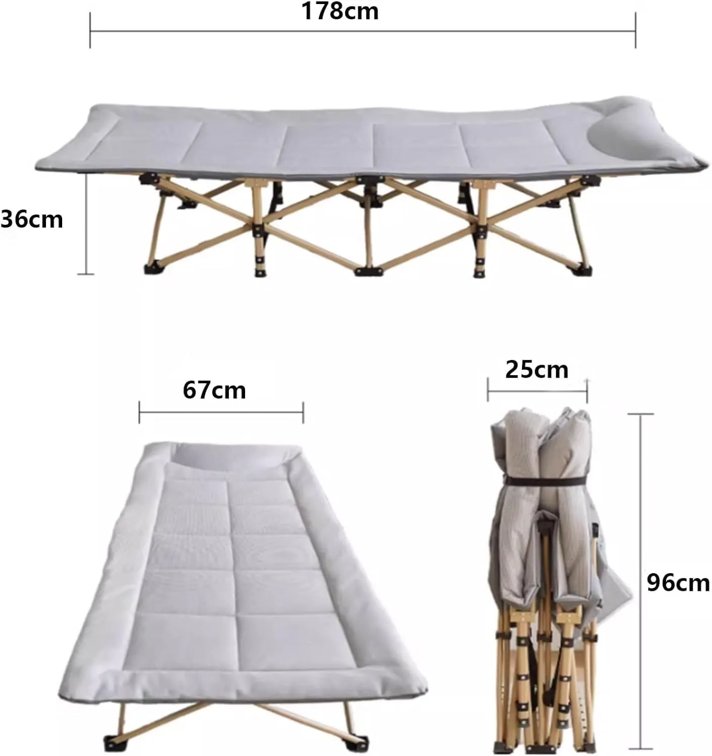 Folding Camping Cot,Camping Cot for Adults, Foldable Single Bed for Adults with Headrest & Side Pocket 1800D Ice Silk Fabric 160kg Load Capacity Heavy Duty Sleeping Cots(Grey,178 * 67cm)