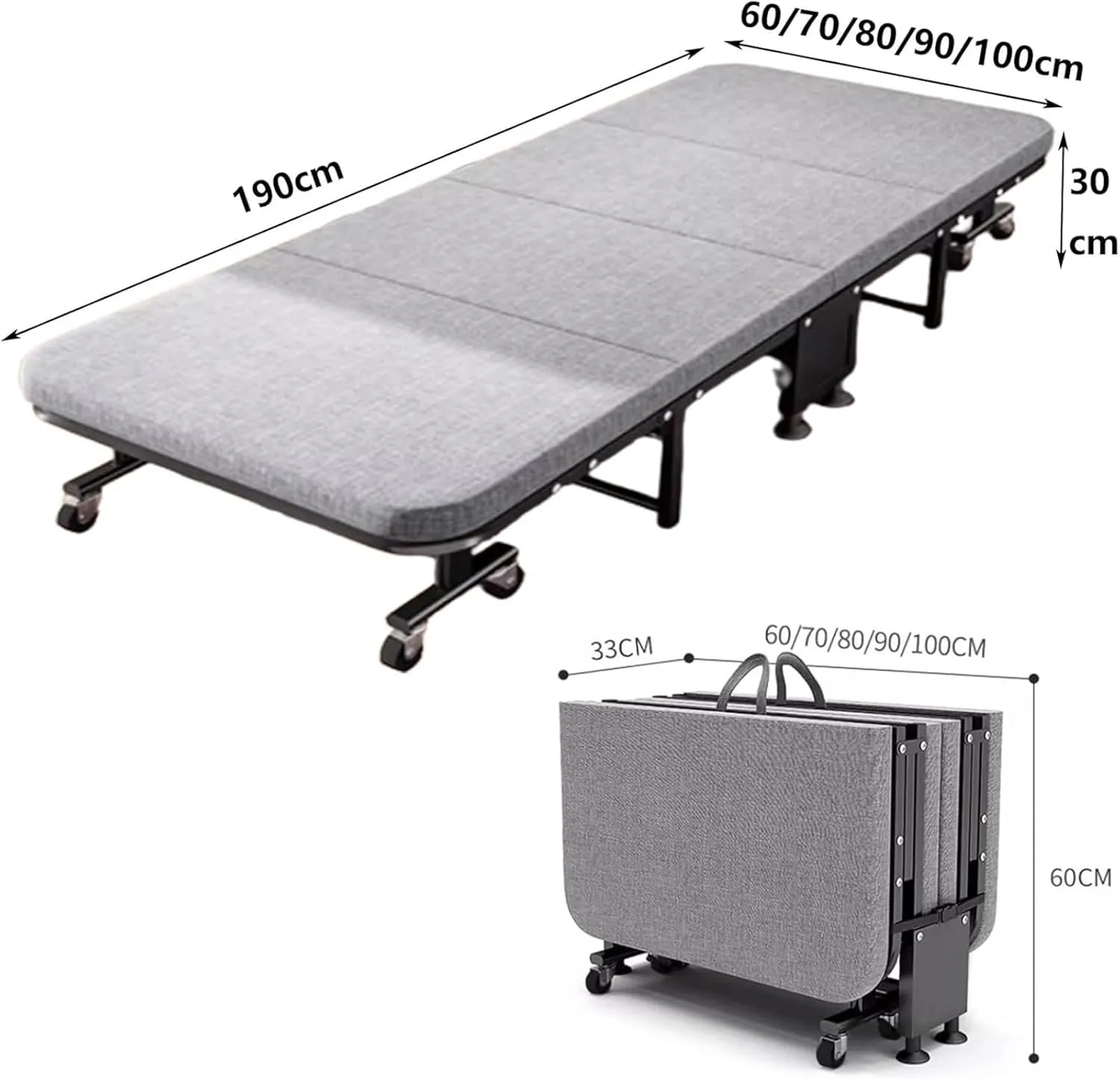Folding Camping Cot,Camping Cot for Adults, Portable Foldable Bed with Sponge Mats and Strong Sturdy Frame Space Saving Fold Up Bed with Universal Wheel No Assembly Required(190 * 90 * 30cm)