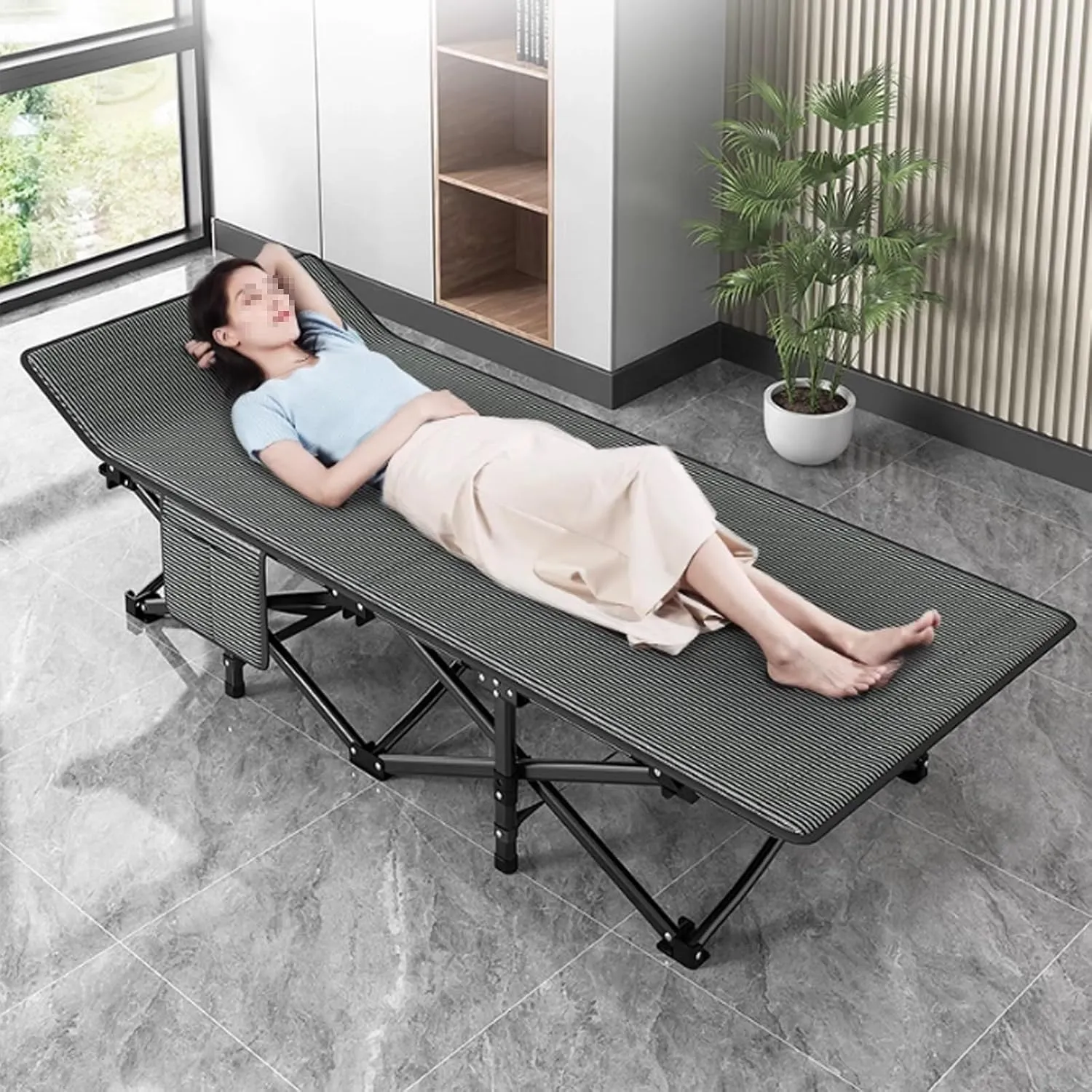 Folding Cot with Side Pocket, Camp Bed for Adults 71cm Extra Wide Lightweight Compact Rollaway Bed for Office Indoor Outdoor, Supports 330lbs