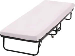 Folding Guest Bed with Wheels Portable Bed Extra Roll Away Foldable 3.9 Inch Comfort Foam Mattress Strong Sturdy Heavy Duty Frame for Home Restaurant, White