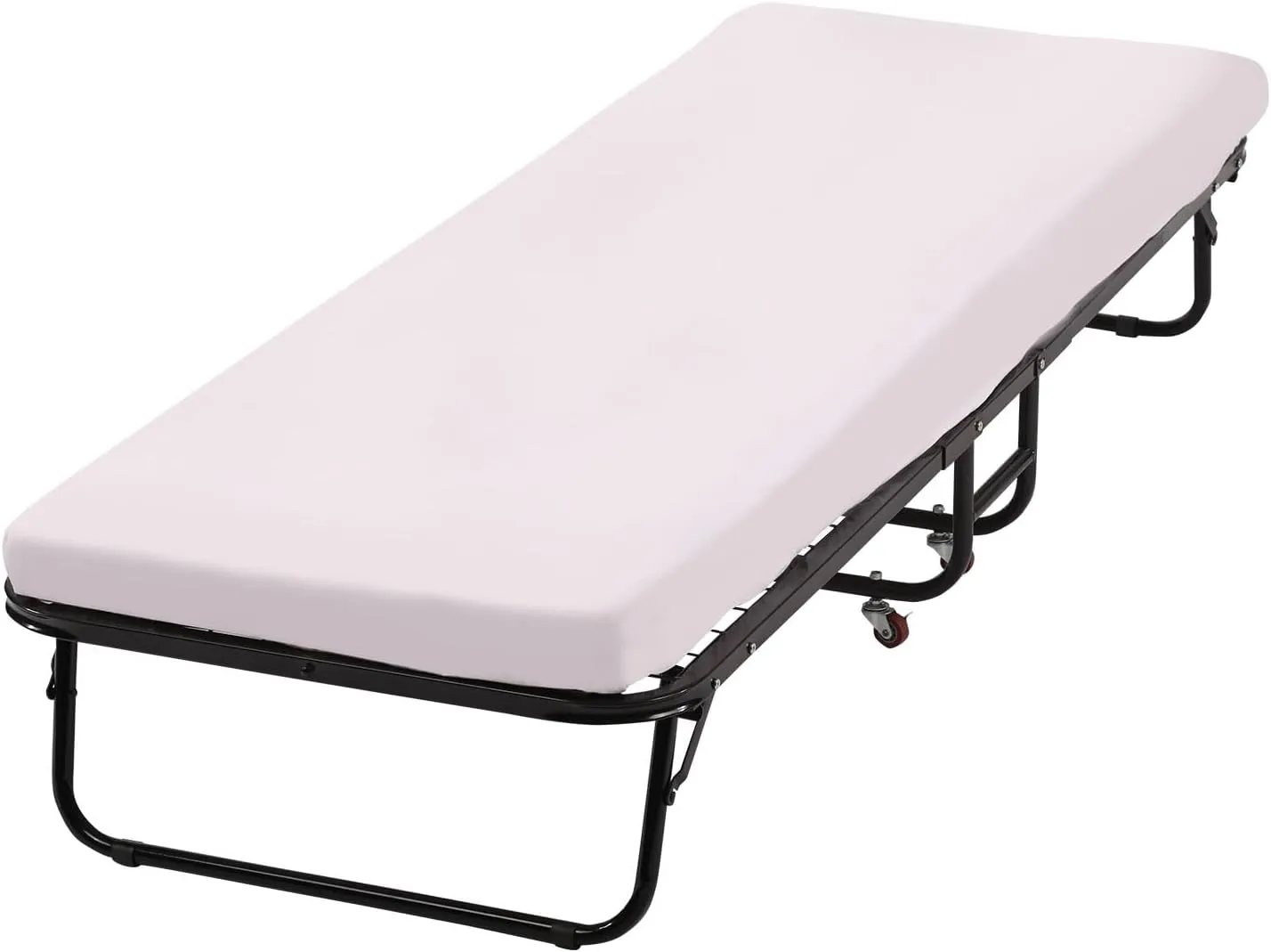 Folding Guest Bed with Wheels Portable Bed Extra Roll Away Foldable 3.9 Inch Comfort Foam Mattress Strong Sturdy Heavy Duty Frame for Home Restaurant, White