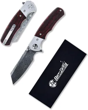 Folding Pocket Knife for EDC, Damascus Blade Slightly Concave Dalbergia Handle, Camping Hiking Knives, Tactical Knife for Men