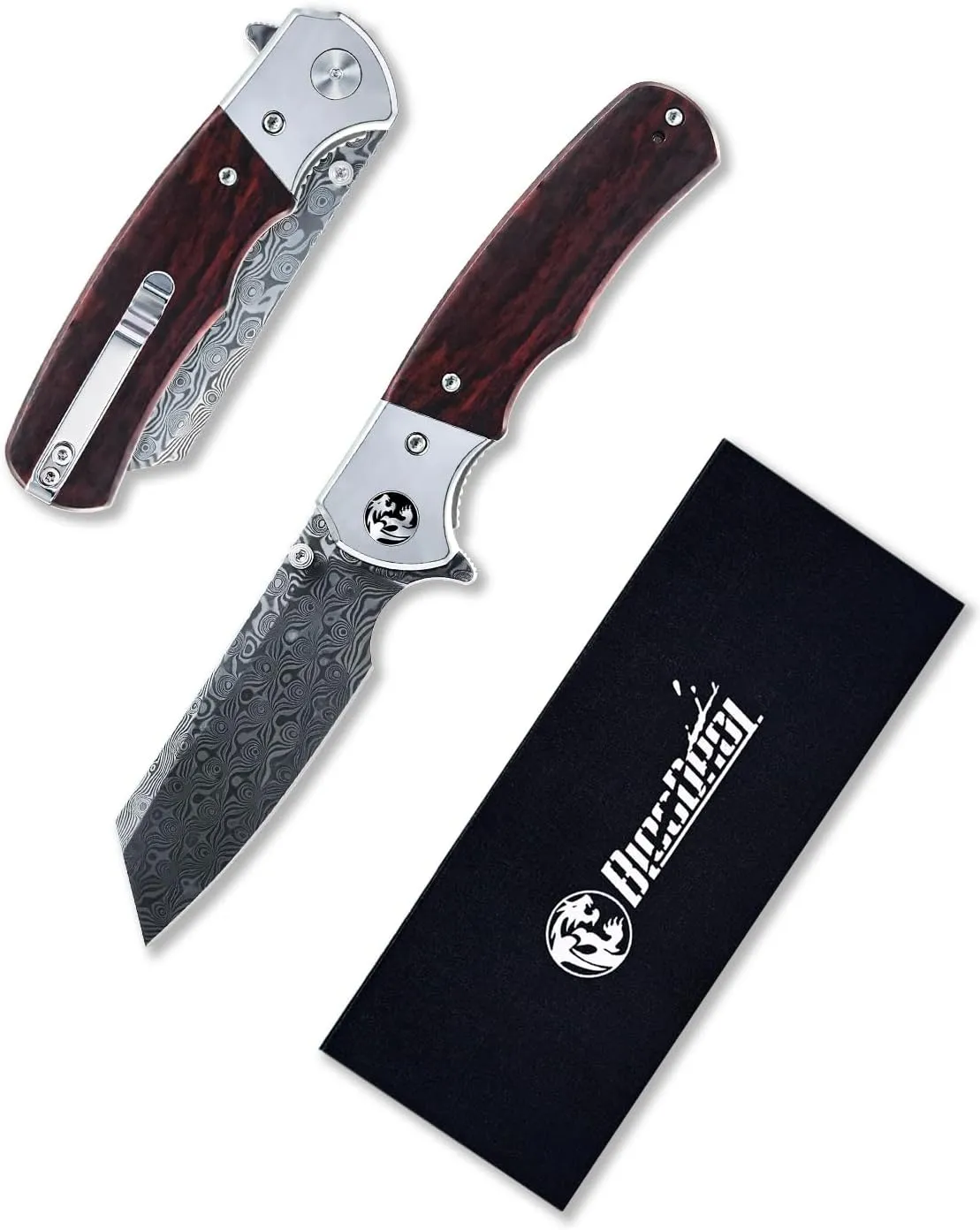 Folding Pocket Knife for EDC, Damascus Blade Slightly Concave Dalbergia Handle, Camping Hiking Knives, Tactical Knife for Men
