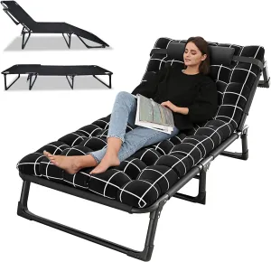 Folding Sleeping Cots Bed with Mattress & Pillow, 4 2 Position Heavy Duty Chaise Reclining Lounge Chairs Portable Outdoor Camping Cot for Home Office Nap Beach Pool Patio