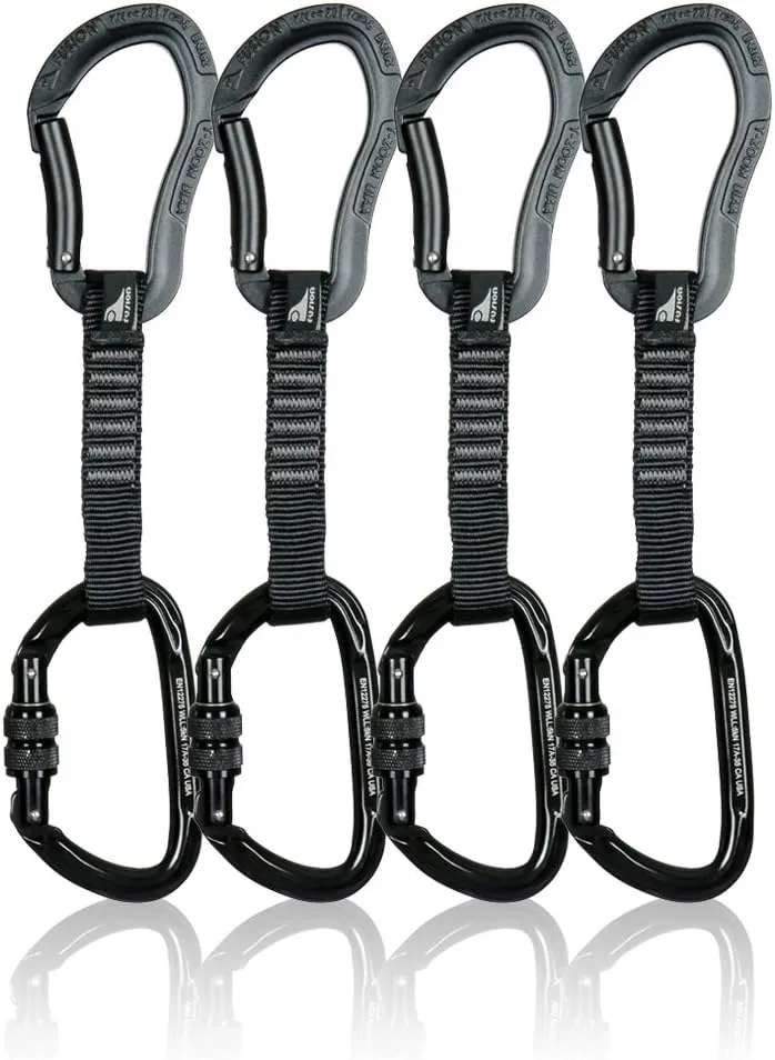 Fusion Climb 4-Pack 12cm Tactical Military Rescue Quickdraw Set with Techno Zoom Bent Gate Black/Vapor Screw Gate Black Carabiners