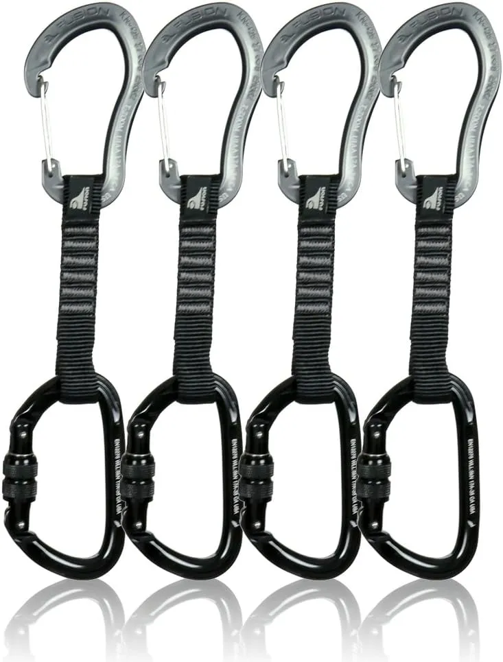 Fusion Climb 4-Pack 12cm Tactical Military Rescue Quickdraw Set with Techno Zoom Wire Gate Gray/Vapor Screw Gate Black Carabiners