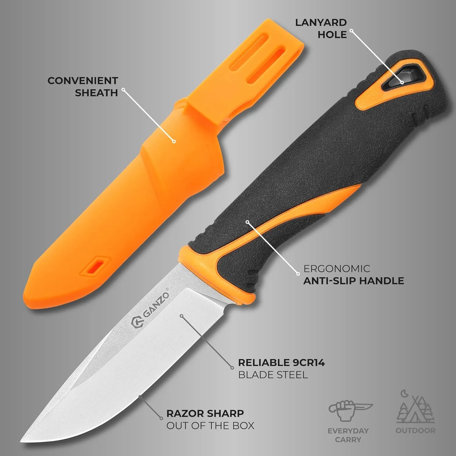Ganzo G807-OR Fixed Blade Knife 9CR14 Stainless Steel Blade Ergonomic Anti-Slip Handle Camping Hunting Fishing Outdoor EDC Knife with PP Scabbard Sheath (Orange)