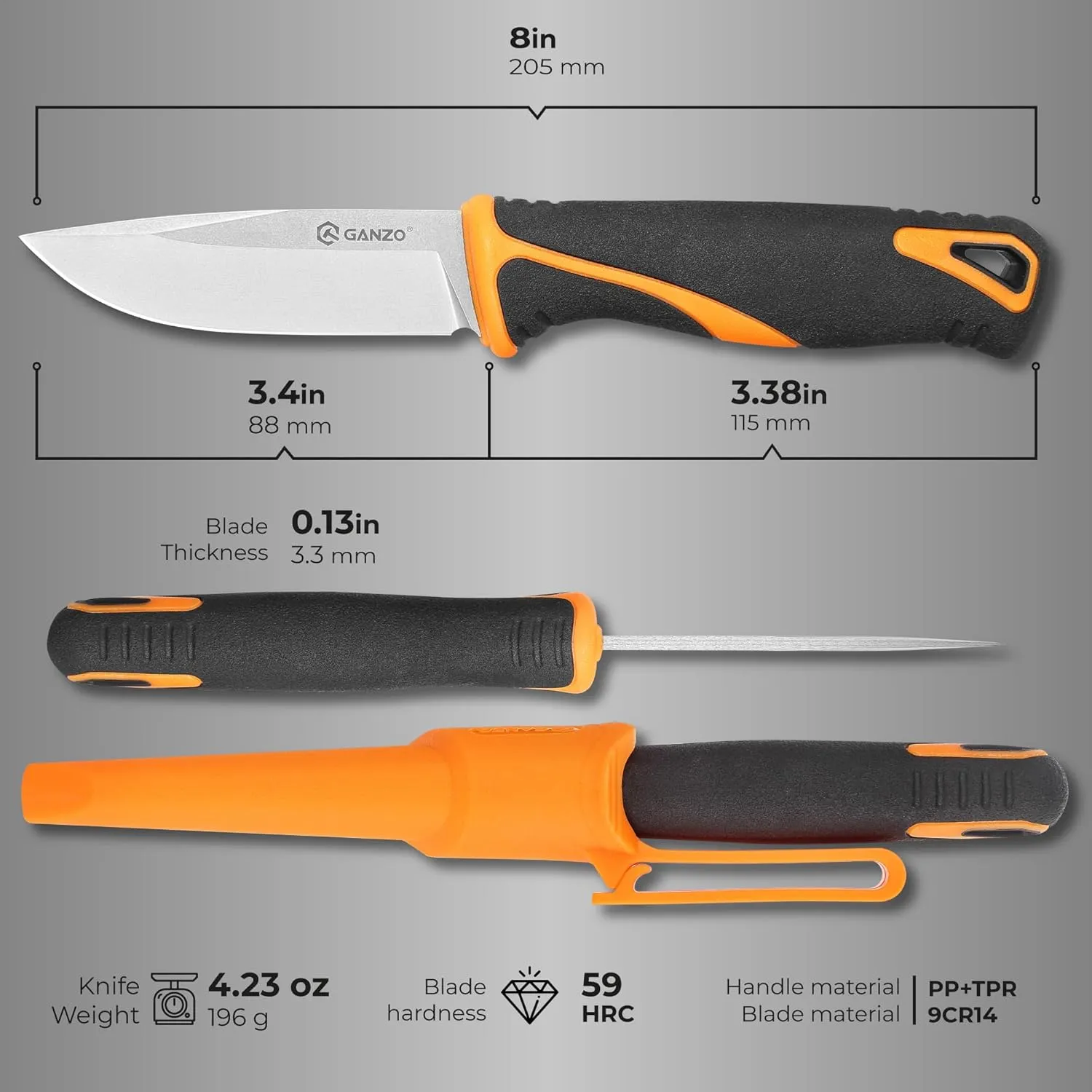 Ganzo G807-OR Fixed Blade Knife 9CR14 Stainless Steel Blade Ergonomic Anti-Slip Handle Camping Hunting Fishing Outdoor EDC Knife with PP Scabbard Sheath (Orange)