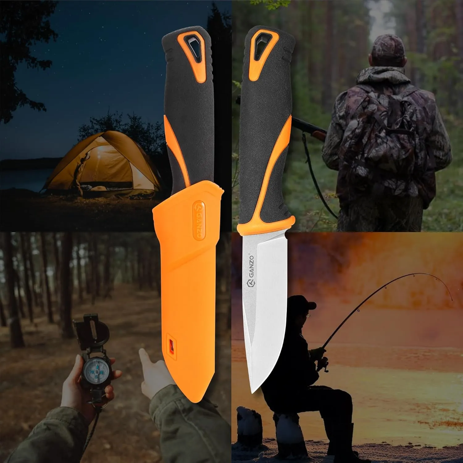 Ganzo G807-OR Fixed Blade Knife 9CR14 Stainless Steel Blade Ergonomic Anti-Slip Handle Camping Hunting Fishing Outdoor EDC Knife with PP Scabbard Sheath (Orange)