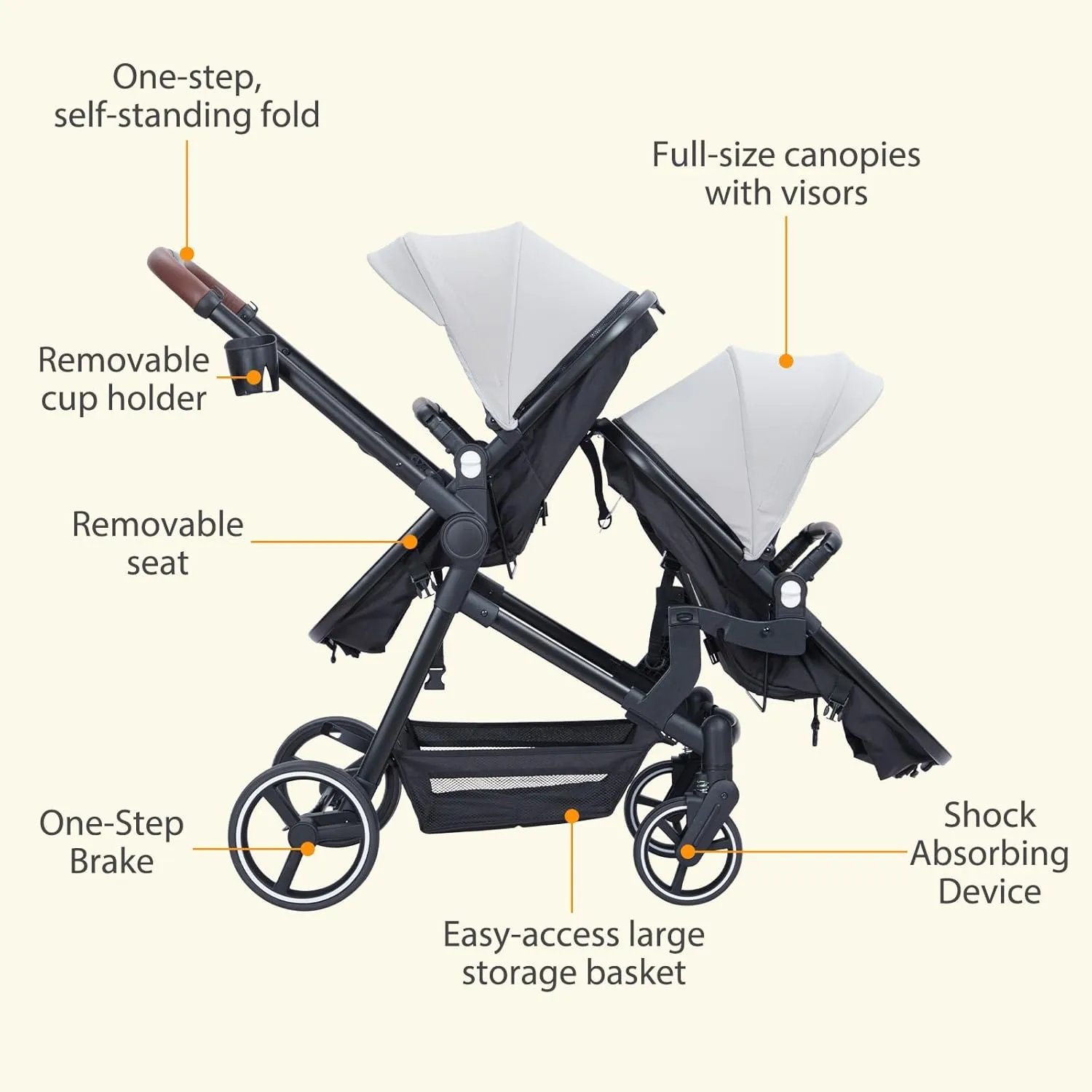 GAOMON Double Stroller Track Tandem Stroller for Infant and Toddler, Foldable Pushchair Bassinet Pram, Multi-Position Reversible & Adjustable Backrest, Large Storage Basket and Canopy, Light Gray