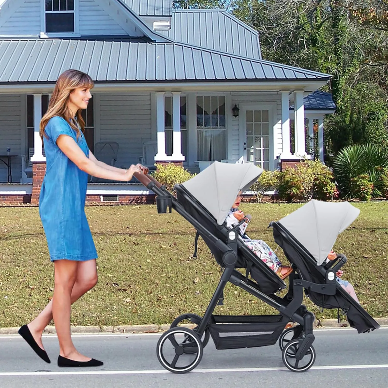 GAOMON Double Stroller Track Tandem Stroller for Infant and Toddler, Foldable Pushchair Bassinet Pram, Multi-Position Reversible & Adjustable Backrest, Large Storage Basket and Canopy, Light Gray