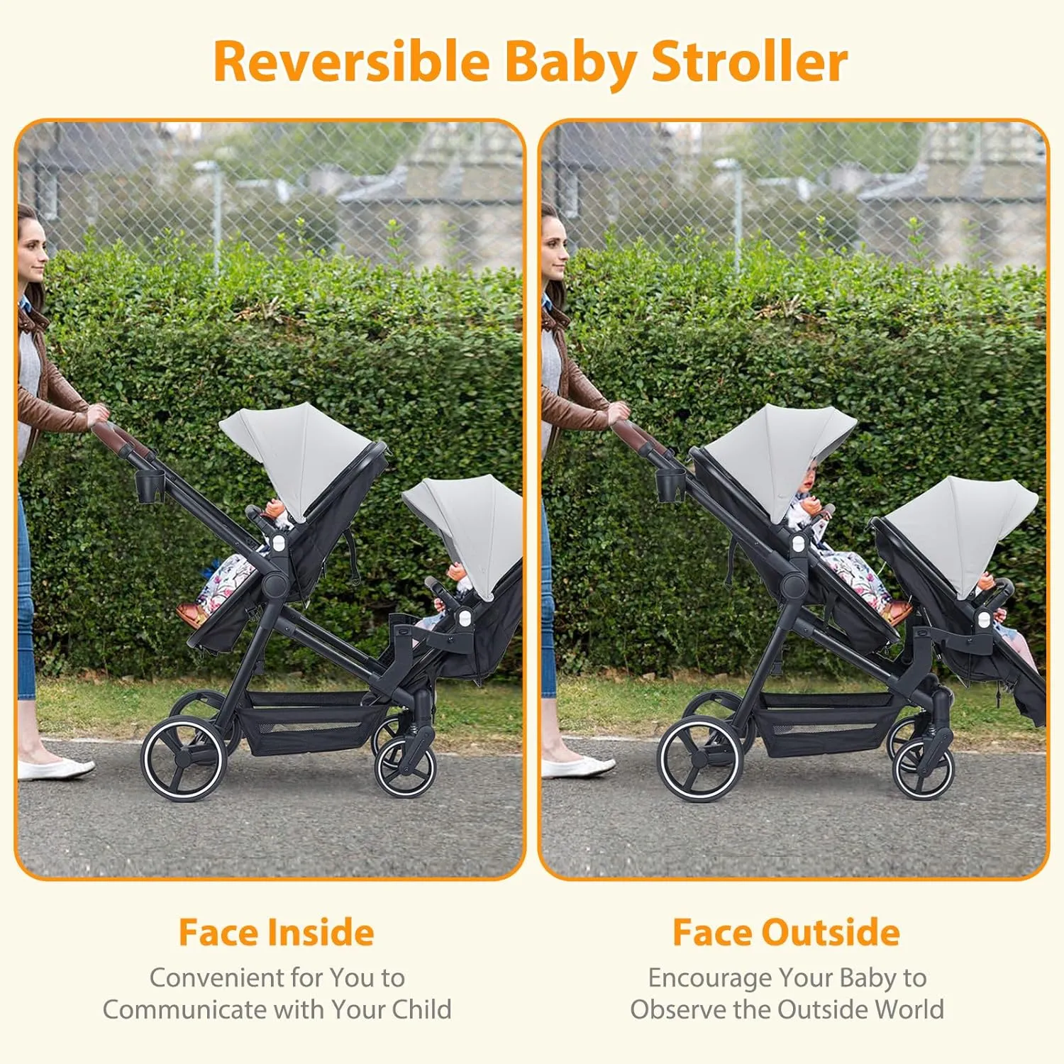 GAOMON Double Stroller Track Tandem Stroller for Infant and Toddler, Foldable Pushchair Bassinet Pram, Multi-Position Reversible & Adjustable Backrest, Large Storage Basket and Canopy, Light Gray