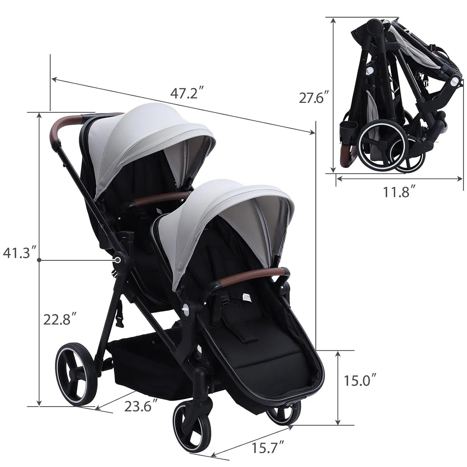 GAOMON Double Stroller Track Tandem Stroller for Infant and Toddler, Foldable Pushchair Bassinet Pram, Multi-Position Reversible & Adjustable Backrest, Large Storage Basket and Canopy, Light Gray
