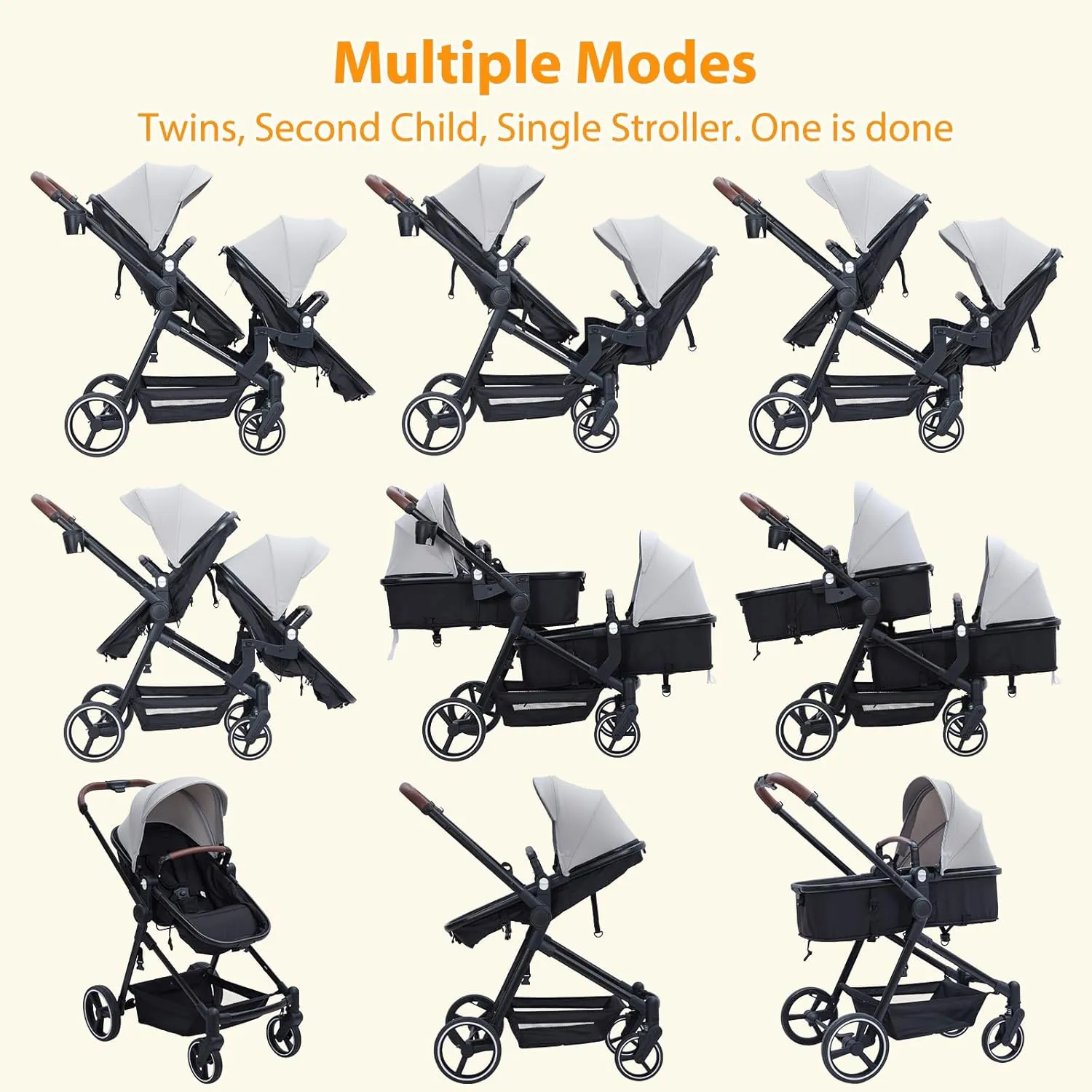 GAOMON Double Stroller Track Tandem Stroller for Infant and Toddler, Foldable Pushchair Bassinet Pram, Multi-Position Reversible & Adjustable Backrest, Large Storage Basket and Canopy, Light Gray