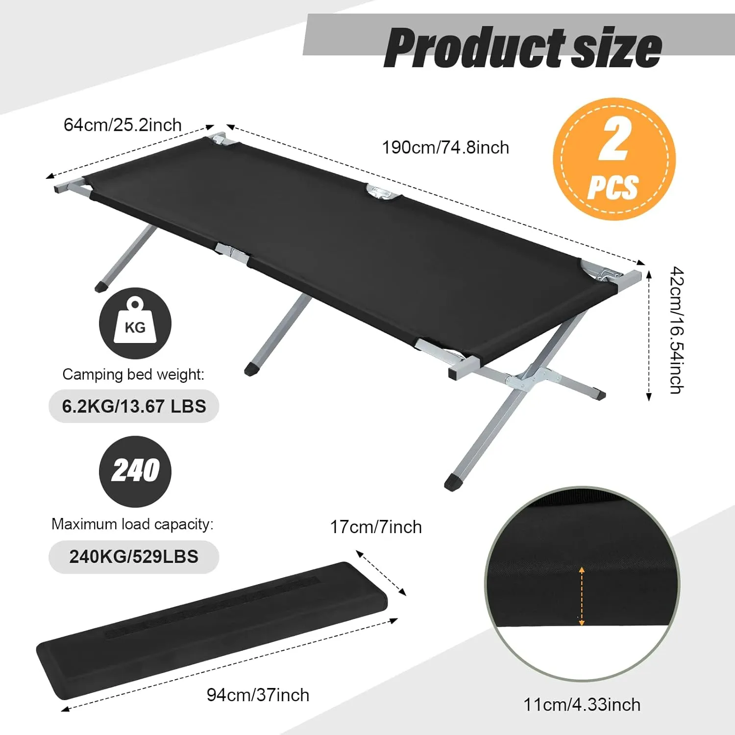 Geetery 2 Pcs Folding Camping Cot Bed with Carry Bag Portable Tent Twin Cot Army Military 529 lbs Outdoor Sleeping Travel Camping(Black)