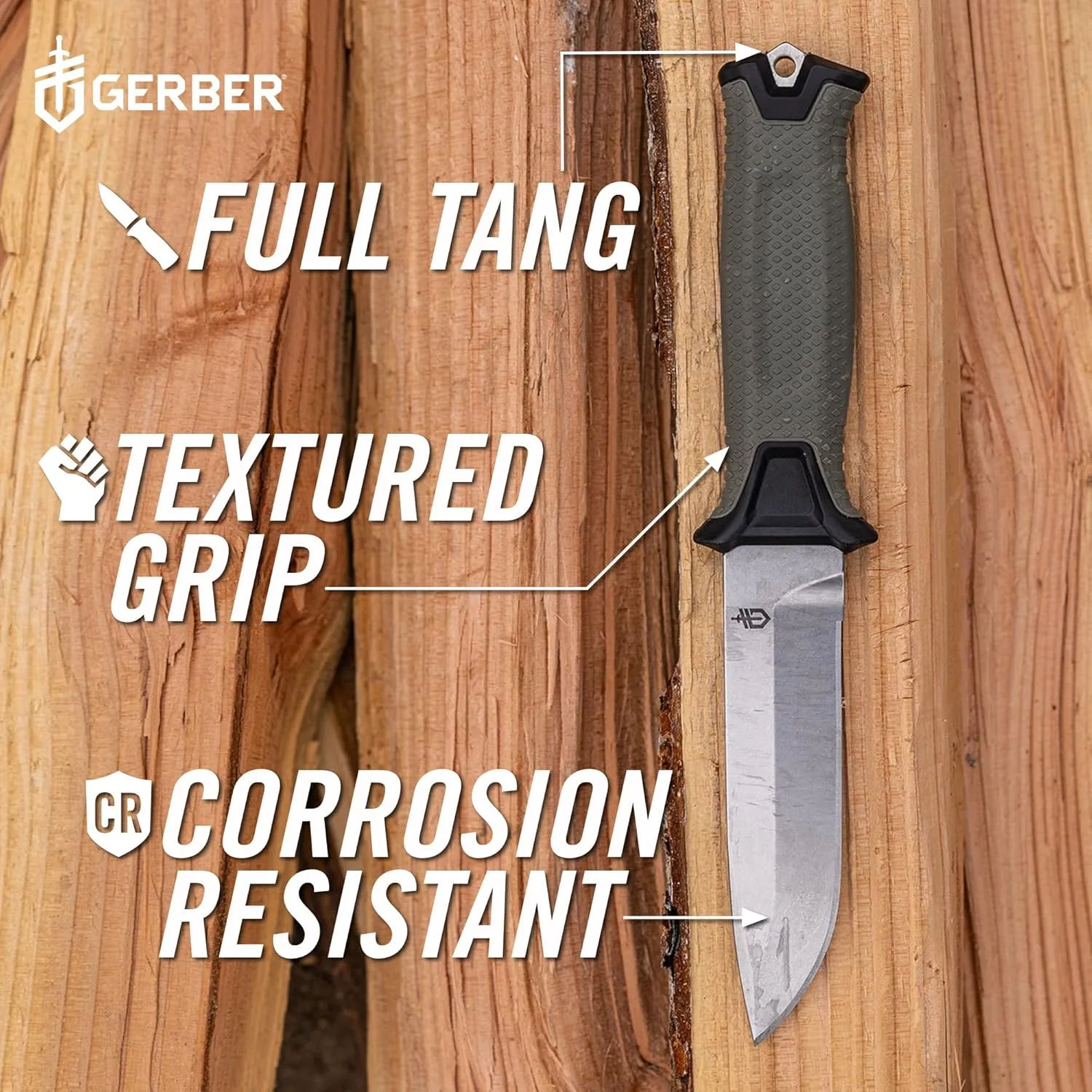 GERBER GEAR Strongarm Camp - Fixed Blade Camping Knife for Controlled Cuts For First Aid Or Cutting Rope Made With 420HC Full Tang Plain Edge Blade And Diamond-Textured Grippy Handle-Made in USA- Gray