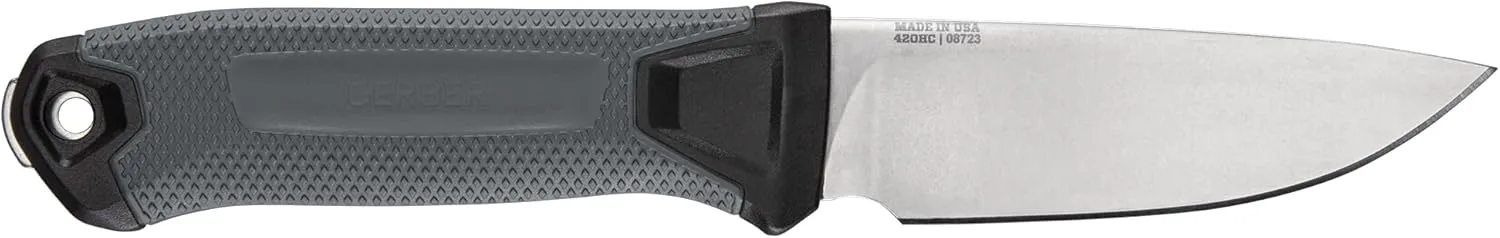 GERBER GEAR Strongarm Camp - Fixed Blade Camping Knife for Controlled Cuts For First Aid Or Cutting Rope Made With 420HC Full Tang Plain Edge Blade And Diamond-Textured Grippy Handle-Made in USA- Gray