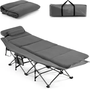 Goplus Camping Cot, Folding Camping Cot with Mattress, Pillow, Carry Bag, Storage Pocket, Camping Bed Military Cot for Home Office Nap Hiking, Heavy-Duty Portable Sleeping Cot for Adults Kids (Grey)