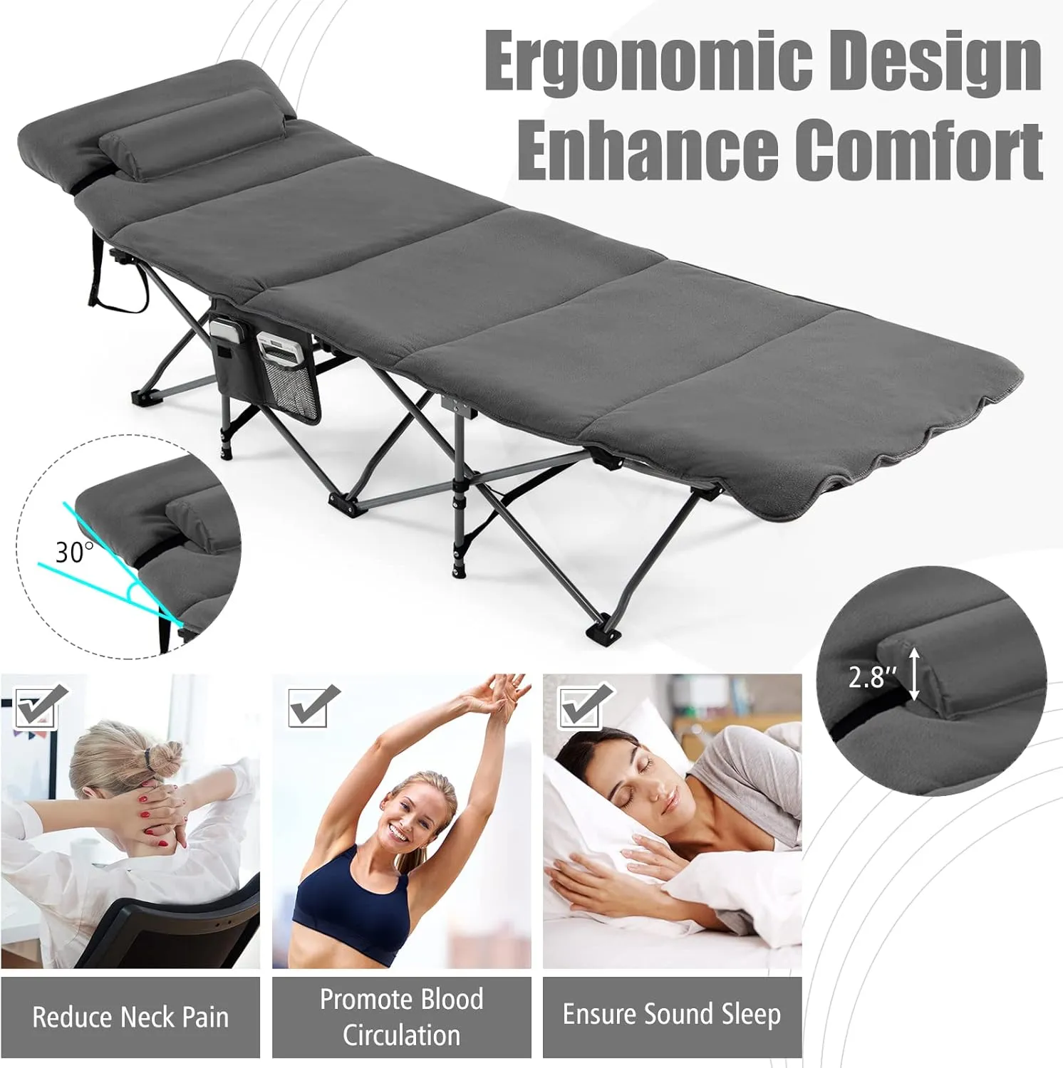 Goplus Camping Cot, Folding Camping Cot with Mattress, Pillow, Carry Bag, Storage Pocket, Camping Bed Military Cot for Home Office Nap Hiking, Heavy-Duty Portable Sleeping Cot for Adults Kids (Grey)