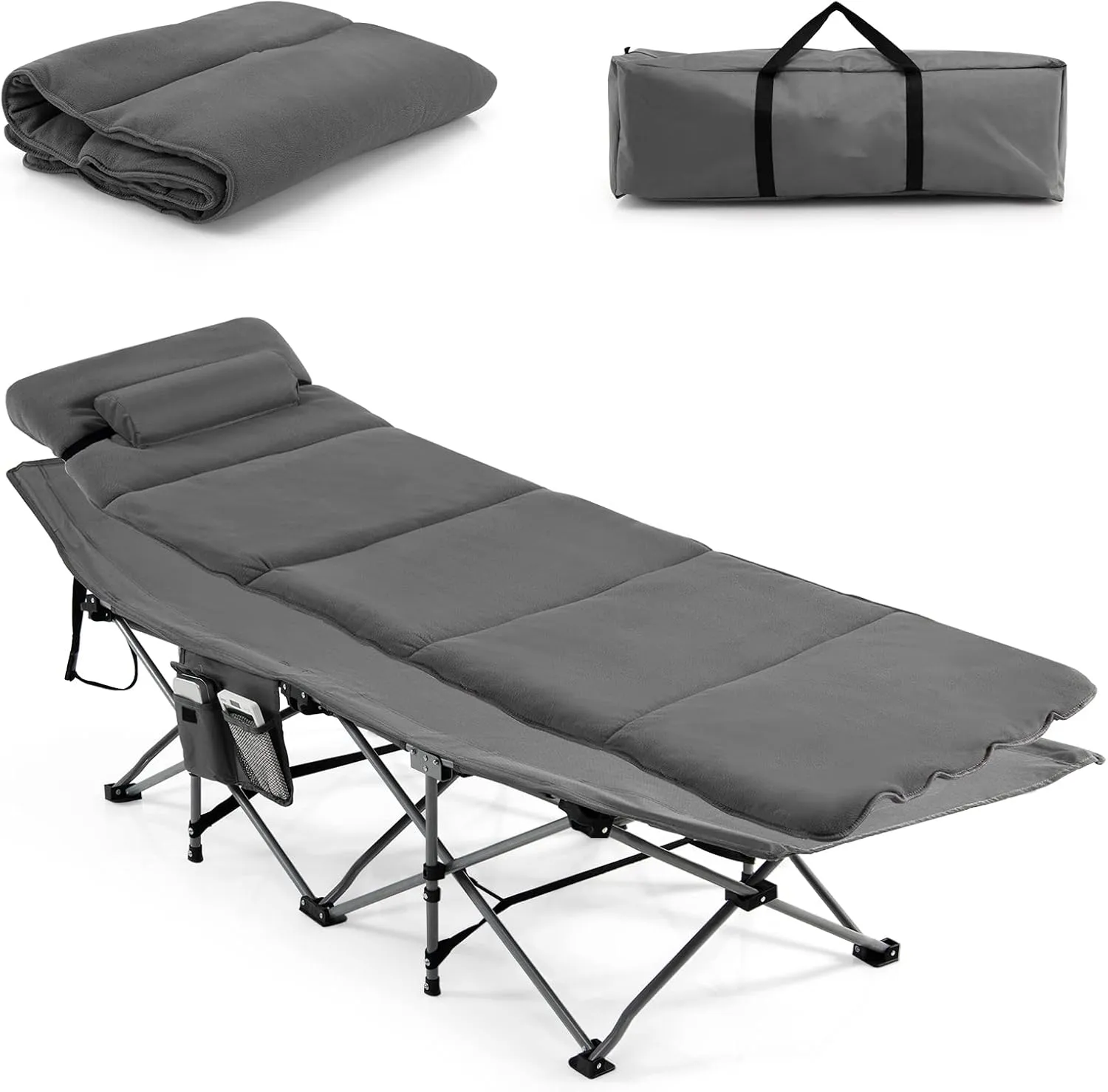 Goplus Camping Cot, Folding Camping Cot with Mattress, Pillow, Carry Bag, Storage Pocket, Camping Bed Military Cot for Home Office Nap Hiking, Heavy-Duty Portable Sleeping Cot for Adults Kids (Grey)