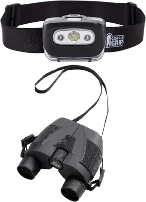 Gorilla Grip Headlamp and Compact Binoculars, Headlamp is Water Resistant with 7 Light Modes, Binoculars are Adjustable and Includes Neck Strap, Both in Black Color