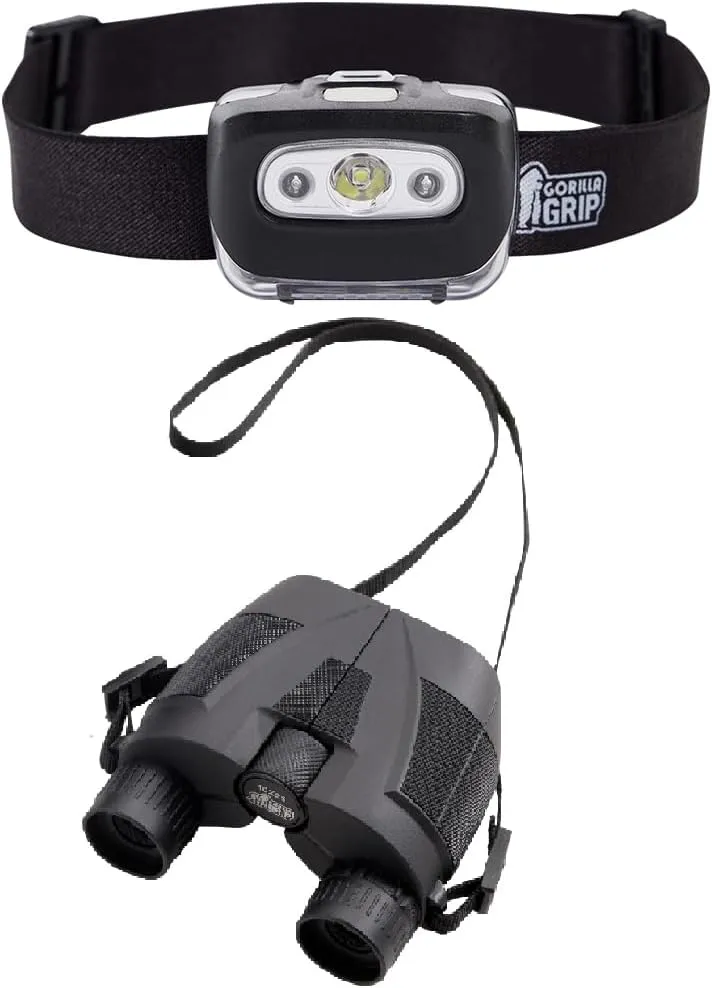 Gorilla Grip Headlamp and Compact Binoculars, Headlamp is Water Resistant with 7 Light Modes, Binoculars are Adjustable and Includes Neck Strap, Both in Black Color