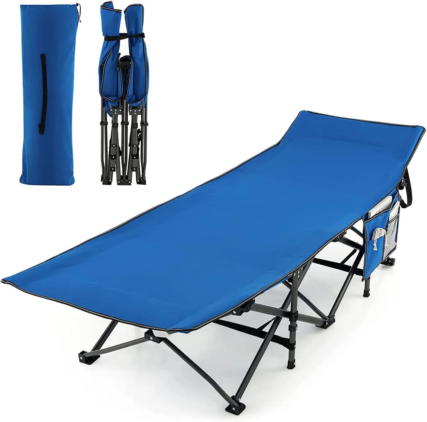 GRAFFY Folding Camping Cot, 600LBS Portable Camping Bed for Adults, Heavy-Duty Oxford Sleeping Cots w/Carry Bag & Side Pocket, Outdoor Lightweight Military Bed for Camp Beach Office Home Nap (Blue)