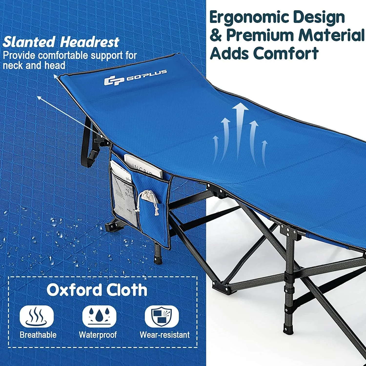 GRAFFY Folding Camping Cot, 600LBS Portable Camping Bed for Adults, Heavy-Duty Oxford Sleeping Cots w/Carry Bag & Side Pocket, Outdoor Lightweight Military Bed for Camp Beach Office Home Nap (Blue)