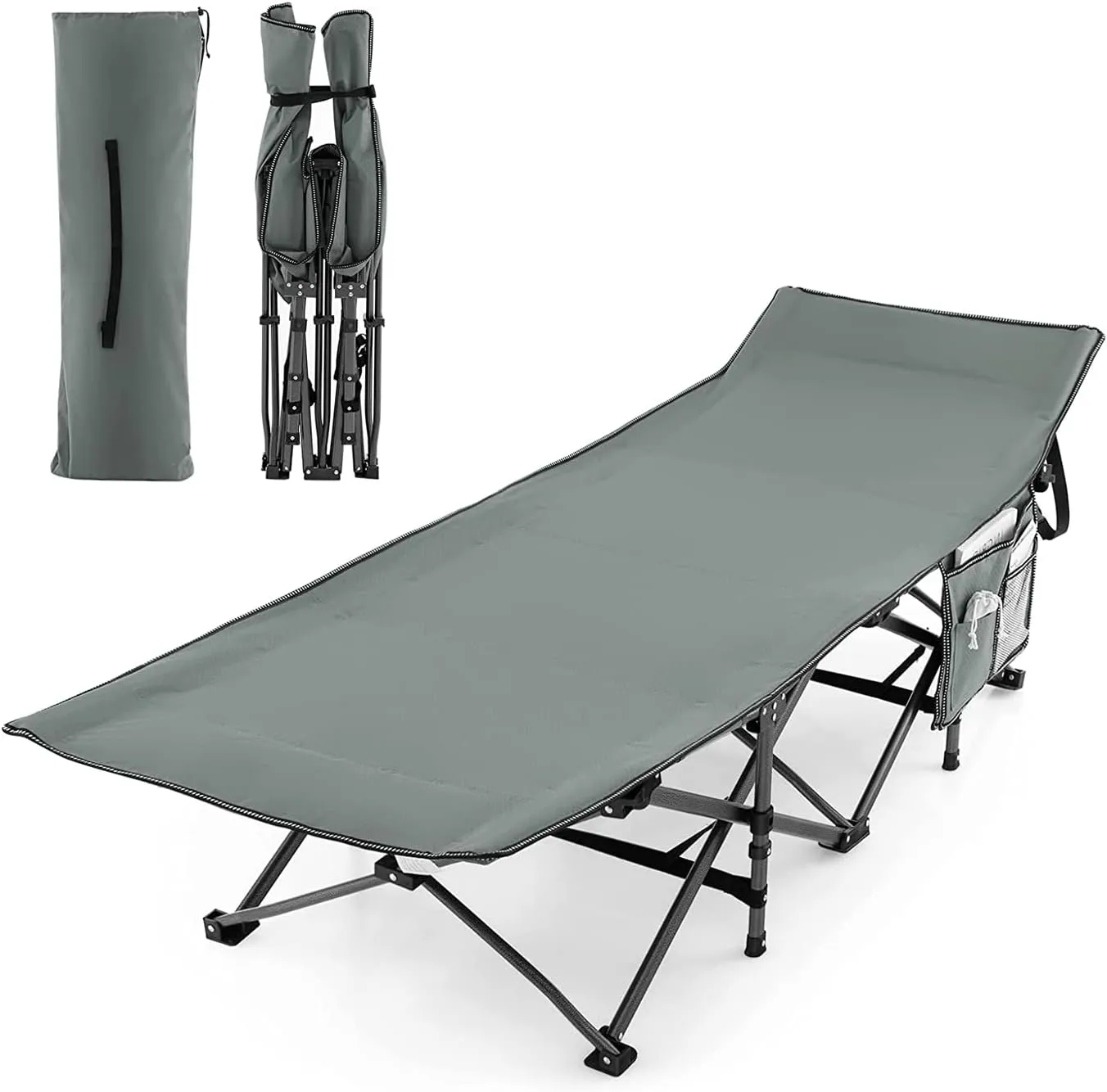 GRAFFY Folding Camping Cot, 600LBS Portable Camping Bed for Adults, Heavy-Duty Oxford Sleeping Cots w/Carry Bag & Side Pocket, Outdoor Lightweight Military Bed for Camp Beach Office Home Nap (Grey)
