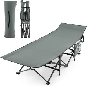 GRAFFY Folding Camping Cot, 600LBS Portable Camping Bed for Adults, Heavy-Duty Oxford Sleeping Cots w/Carry Bag & Side Pocket, Outdoor Lightweight Military Bed for Camp Beach Office Home Nap (Grey)