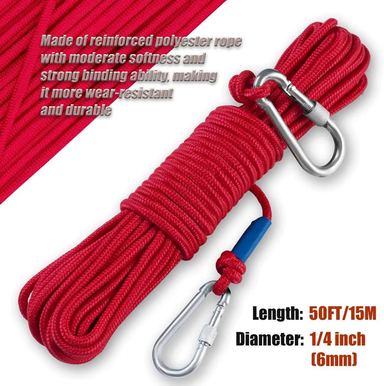 Grapple Hook with Rope-Includes Nylon Rope 6/8/10mm 50FT,Functional Grappling Hook and Double Carabiner,for Magnet Fishing/Drag/Tree Limb Removal