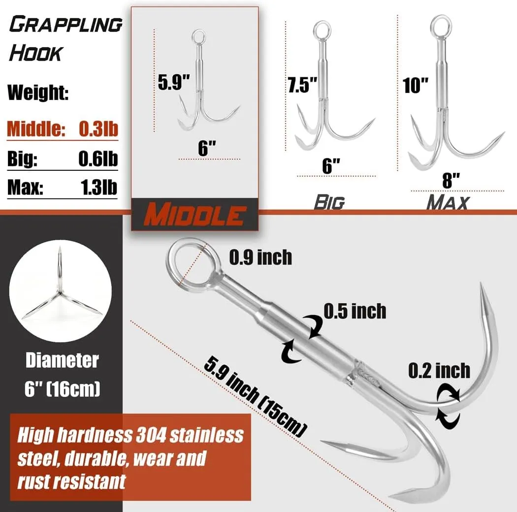 Grapple Hook with Rope-Includes Nylon Rope 6/8/10mm 50FT,Functional Grappling Hook and Double Carabiner,for Magnet Fishing/Drag/Tree Limb Removal