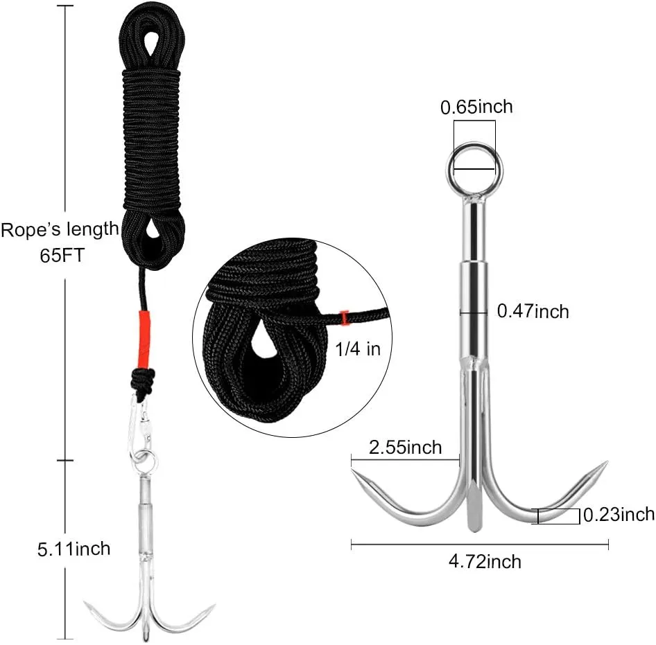 Grappling Hook with 3-Claw Stainless Steel,3 Claw Climbing Carabiner Hook for Retrieving,Outdoor Hiking,Tree Limb Removalr,Salvage.