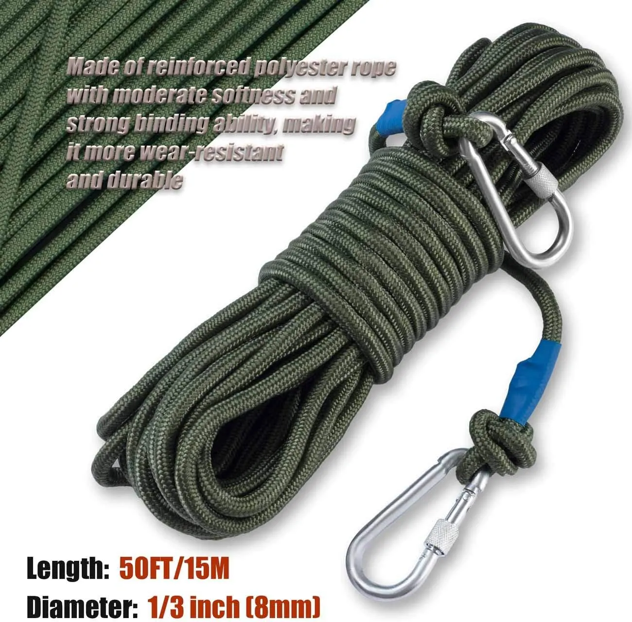 Grappling Hook with Rope-Includes Nylon Rope 6/8/10mm 50FT,Functional Grapple Hook and Double Carabiner,for Magnet Fishing/Drag/Tree Limb Removal