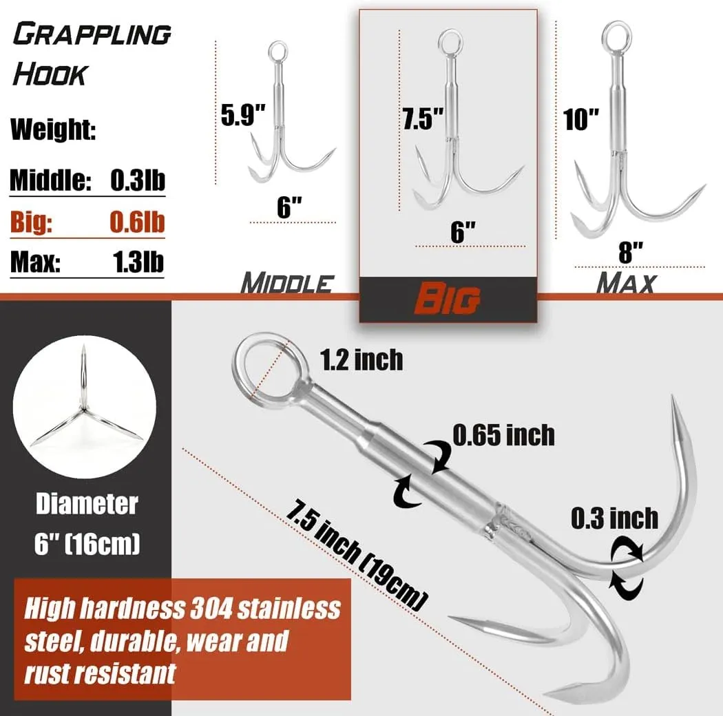 Grappling Hook with Rope-Includes Nylon Rope 6/8/10mm 50FT,Functional Grapple Hook and Double Carabiner,for Magnet Fishing/Drag/Tree Limb Removal