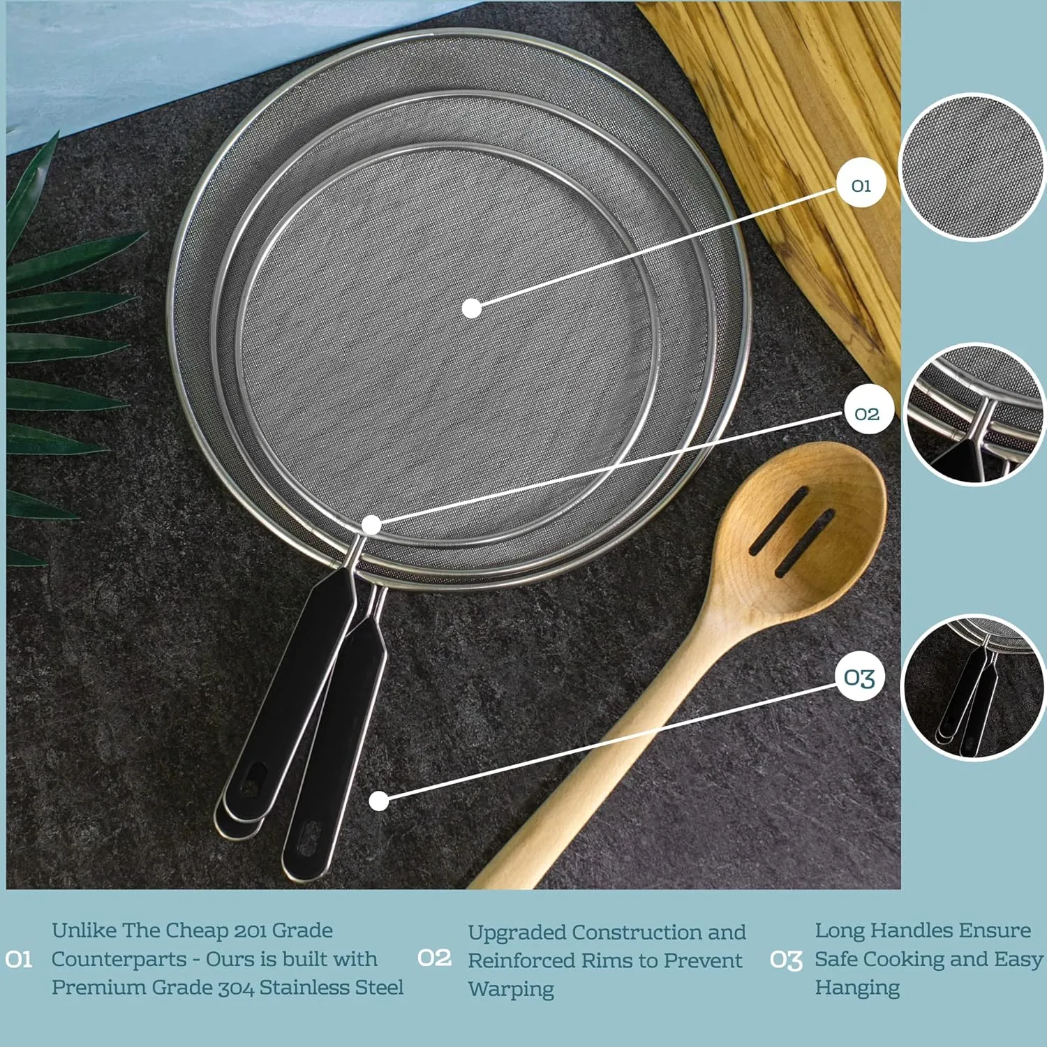 Grease Splatter Screen For Frying Pan Cooking - Stainless Steel Splatter Guard Set of 3-8", 10" and 11" inch - Fine Mesh Iron Skillet Lid- Hot Oil Shield to Stop Prime Burn (3, 8",10",11")