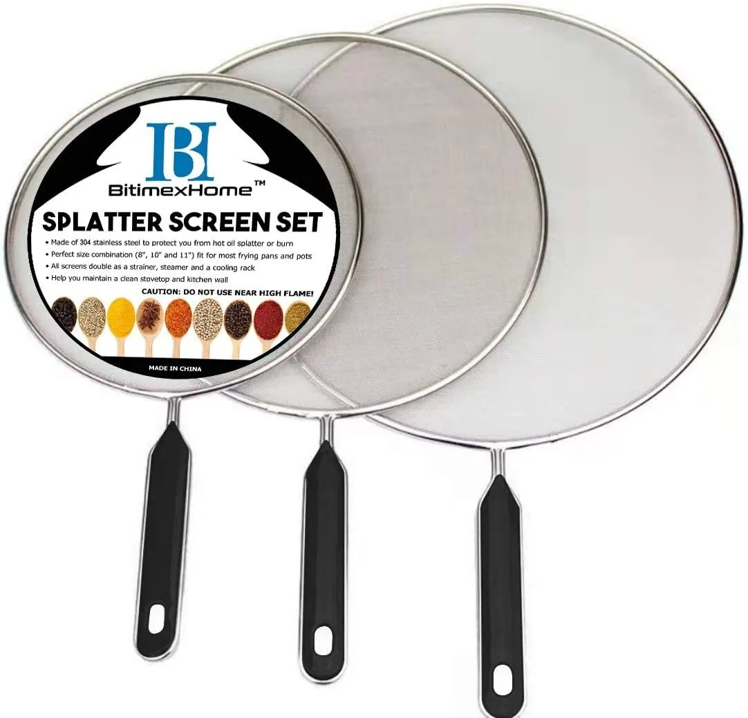 Grease Splatter Screen For Frying Pan Cooking - Stainless Steel Splatter Guard Set of 3-8", 10" and 11" inch - Fine Mesh Iron Skillet Lid- Hot Oil Shield to Stop Prime Burn (3, 8",10",11")