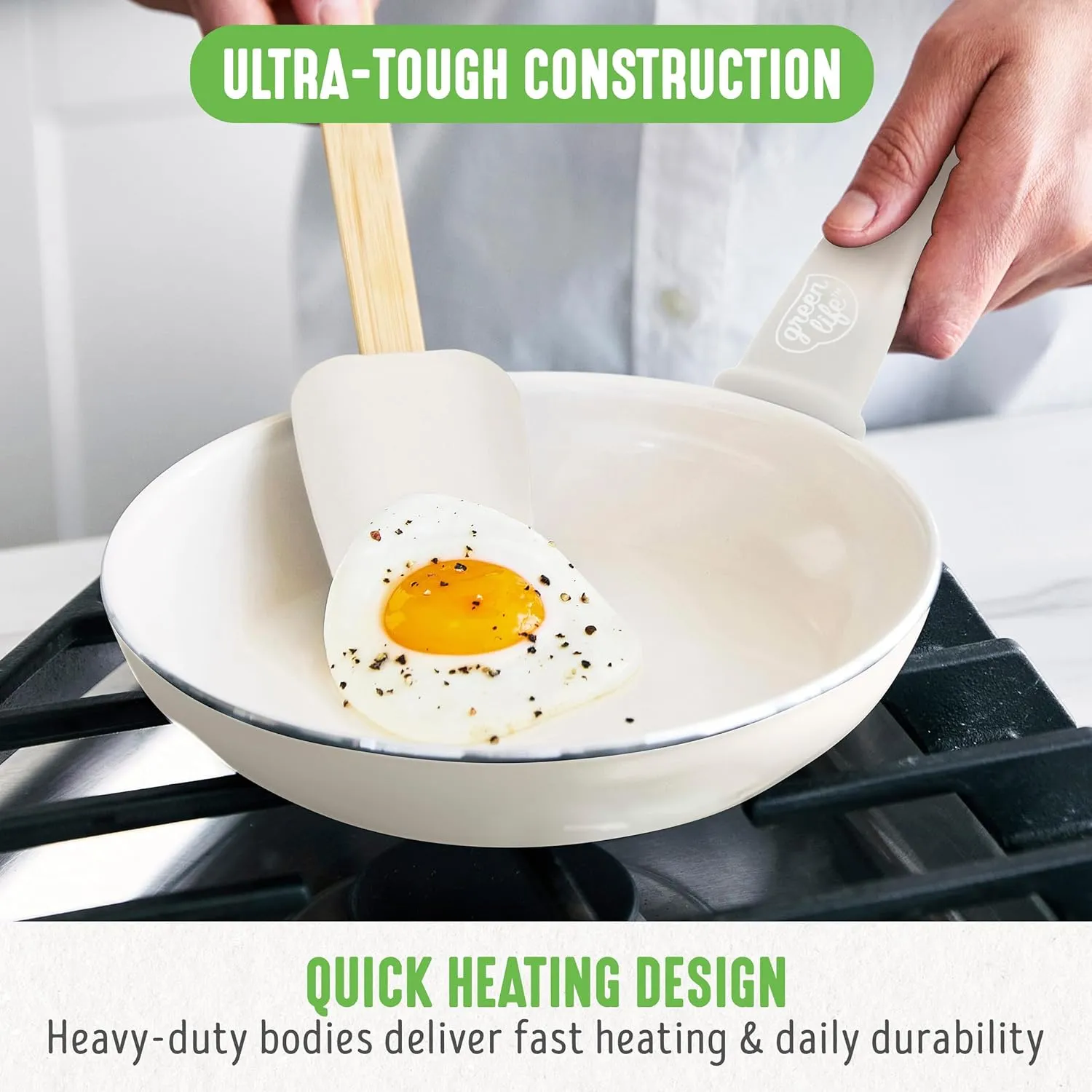 GreenLife Soft Grip 8” Frypan Skillet and Spatula Breakfast Cookware Set, PFAS-Free Ceramic Nonstick, Silicon Spatula with Bamboo Handle, Egg Omelette Bacon, Dishwasher Safe, Stay-Cool Handles, Cream