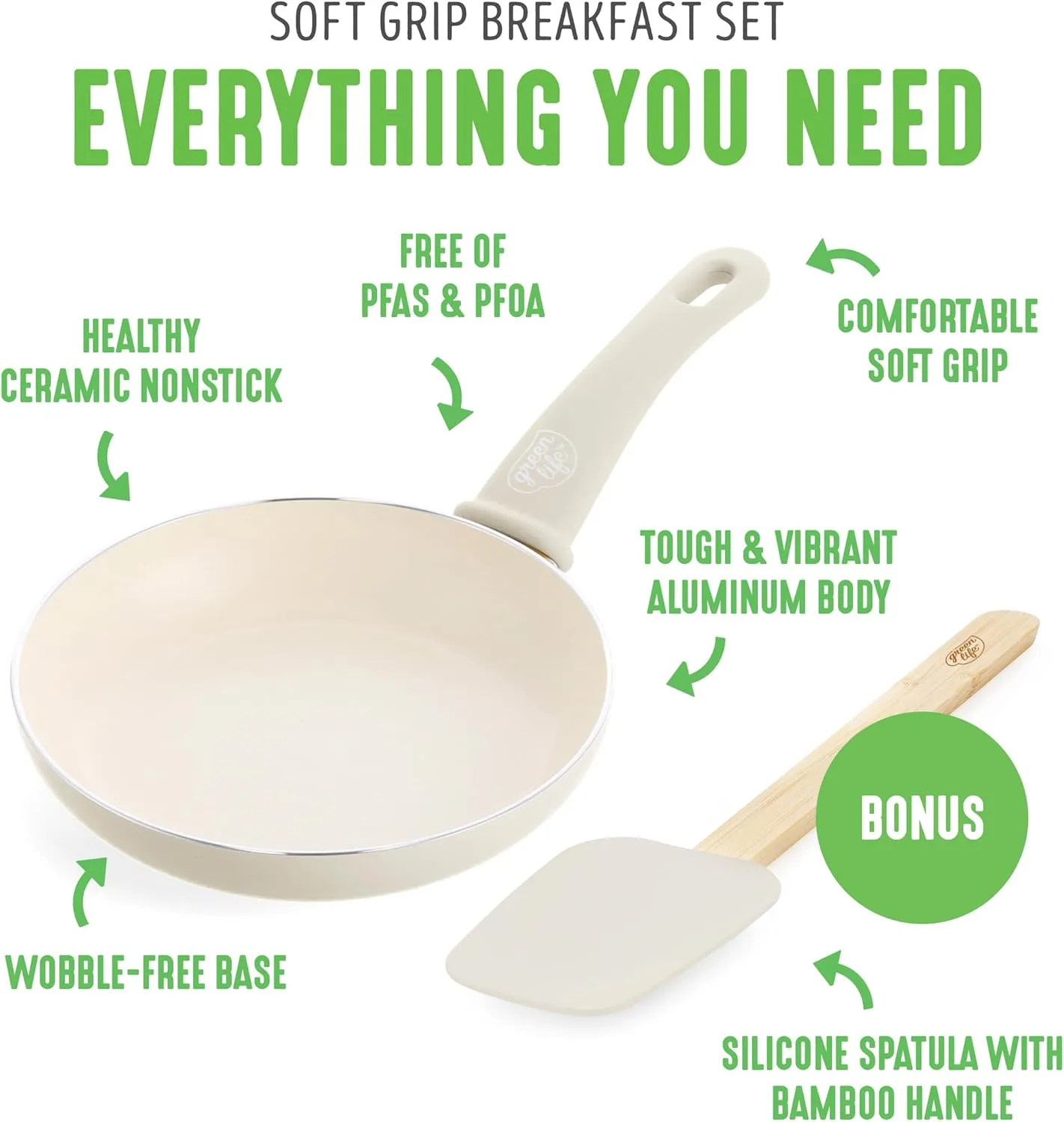 GreenLife Soft Grip 8” Frypan Skillet and Spatula Breakfast Cookware Set, PFAS-Free Ceramic Nonstick, Silicon Spatula with Bamboo Handle, Egg Omelette Bacon, Dishwasher Safe, Stay-Cool Handles, Cream