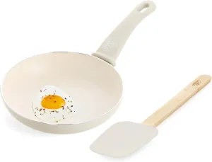GreenLife Soft Grip 8” Frypan Skillet and Spatula Breakfast Cookware Set, PFAS-Free Ceramic Nonstick, Silicon Spatula with Bamboo Handle, Egg Omelette Bacon, Dishwasher Safe, Stay-Cool Handles, Cream