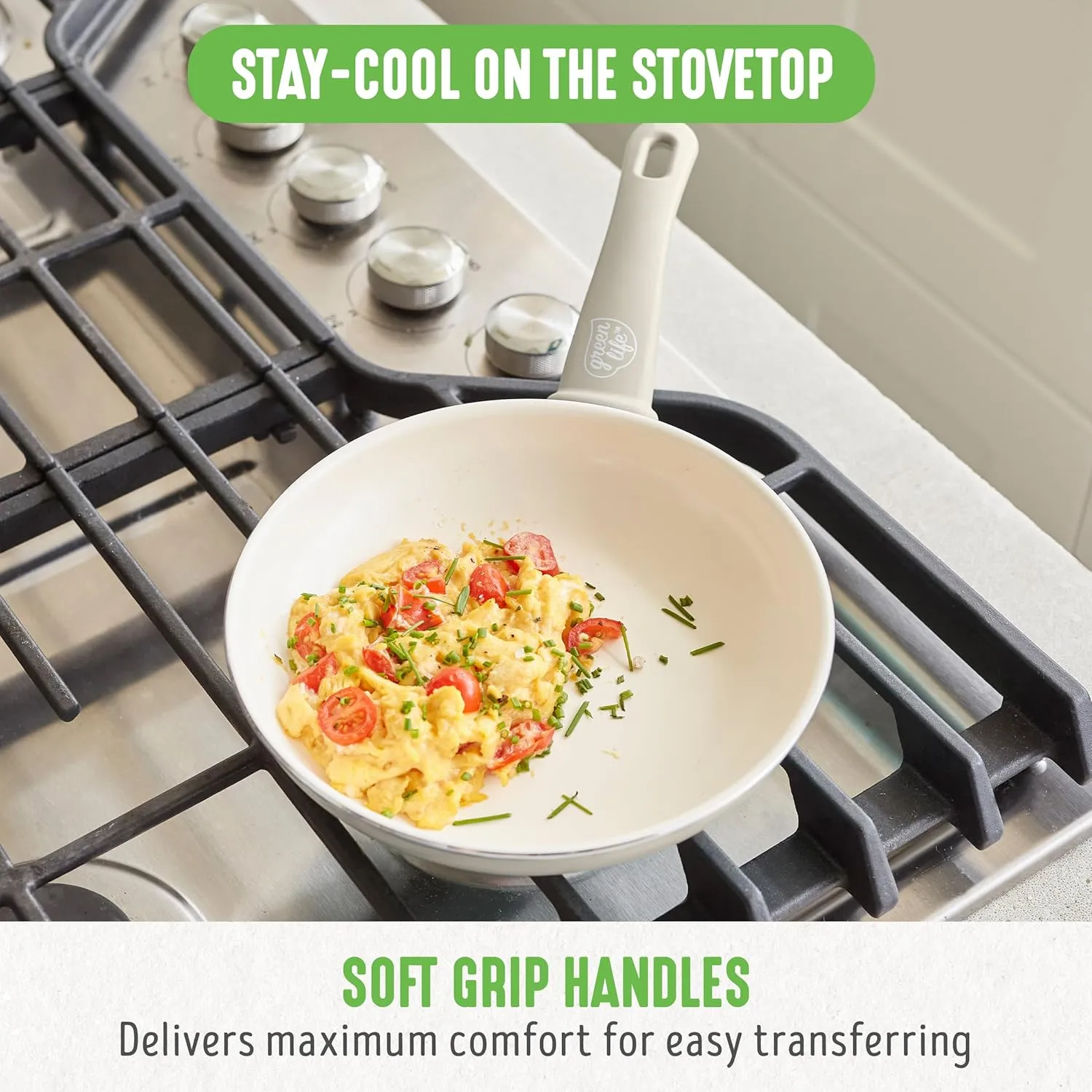 GreenLife Soft Grip 8” Frypan Skillet and Spatula Breakfast Cookware Set, PFAS-Free Ceramic Nonstick, Silicon Spatula with Bamboo Handle, Egg Omelette Bacon, Dishwasher Safe, Stay-Cool Handles, Cream