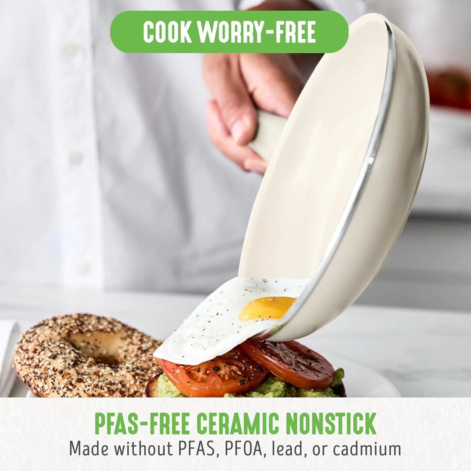 GreenLife Soft Grip 8” Frypan Skillet and Spatula Breakfast Cookware Set, PFAS-Free Ceramic Nonstick, Silicon Spatula with Bamboo Handle, Egg Omelette Bacon, Dishwasher Safe, Stay-Cool Handles, Cream
