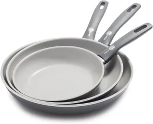 GreenPan Dover 8” 10” and 12” 3 Piece Frying Pan Skillet Set, Non-Toxic PFAS-Free Ceramic Nonstick Coating, Sear Saute Fry Egg Omlete, Dishwasher & Oven Safe, Stay Cool Handle, Easy Pour Rims, Gray