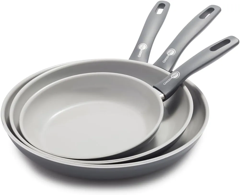 GreenPan Dover 8” 10” and 12” 3 Piece Frying Pan Skillet Set, Non-Toxic PFAS-Free Ceramic Nonstick Coating, Sear Saute Fry Egg Omlete, Dishwasher & Oven Safe, Stay Cool Handle, Easy Pour Rims, Gray