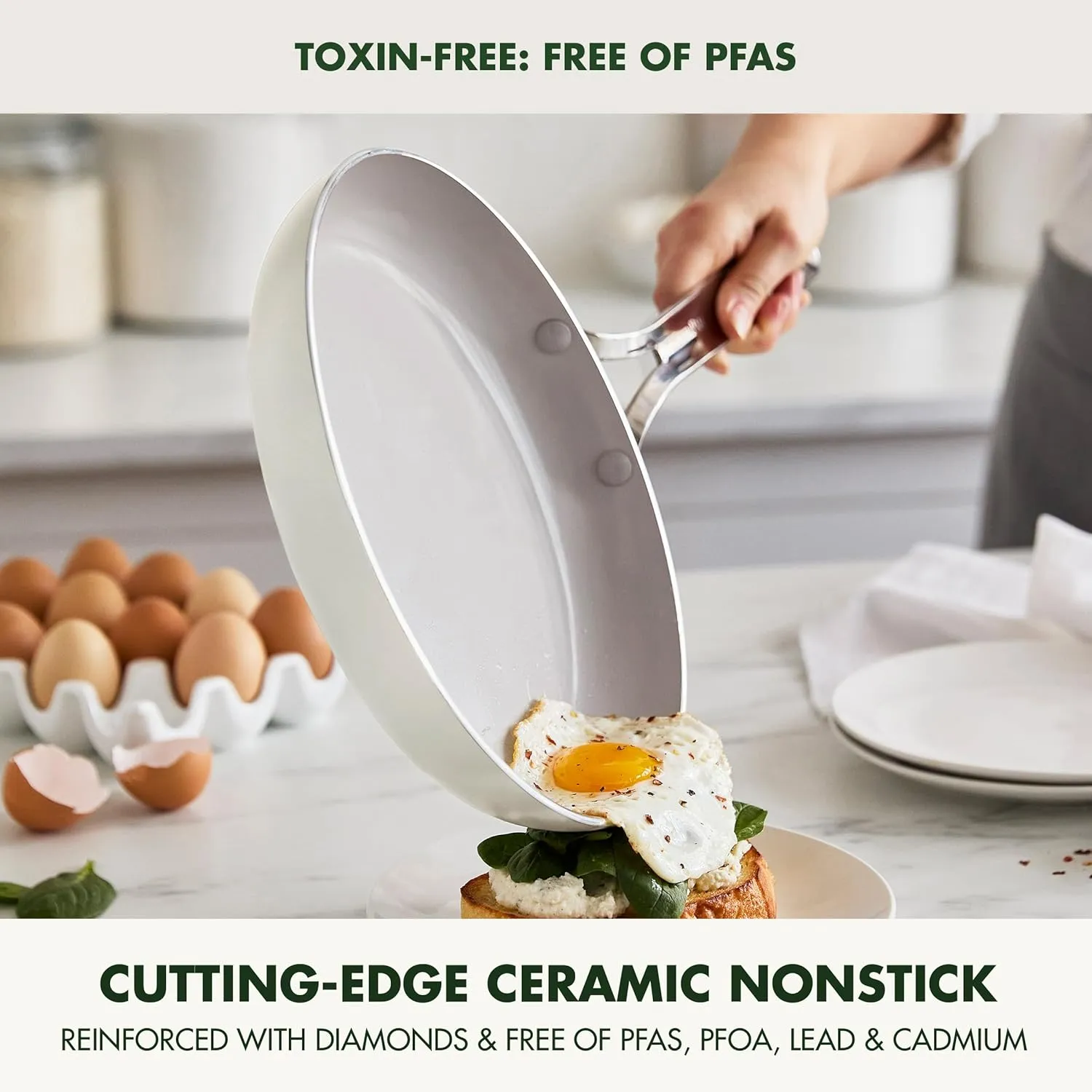 GreenPan Nova 8” & 10” 2 Piece Frying Pan Skillet Set, Oprah’s Favorite Things 2024, Induction Suitable PFAS-Free Nontoxic Ceramic Nonstick, Dishwasher & Oven Safe, Quick Even Heating, Cream
