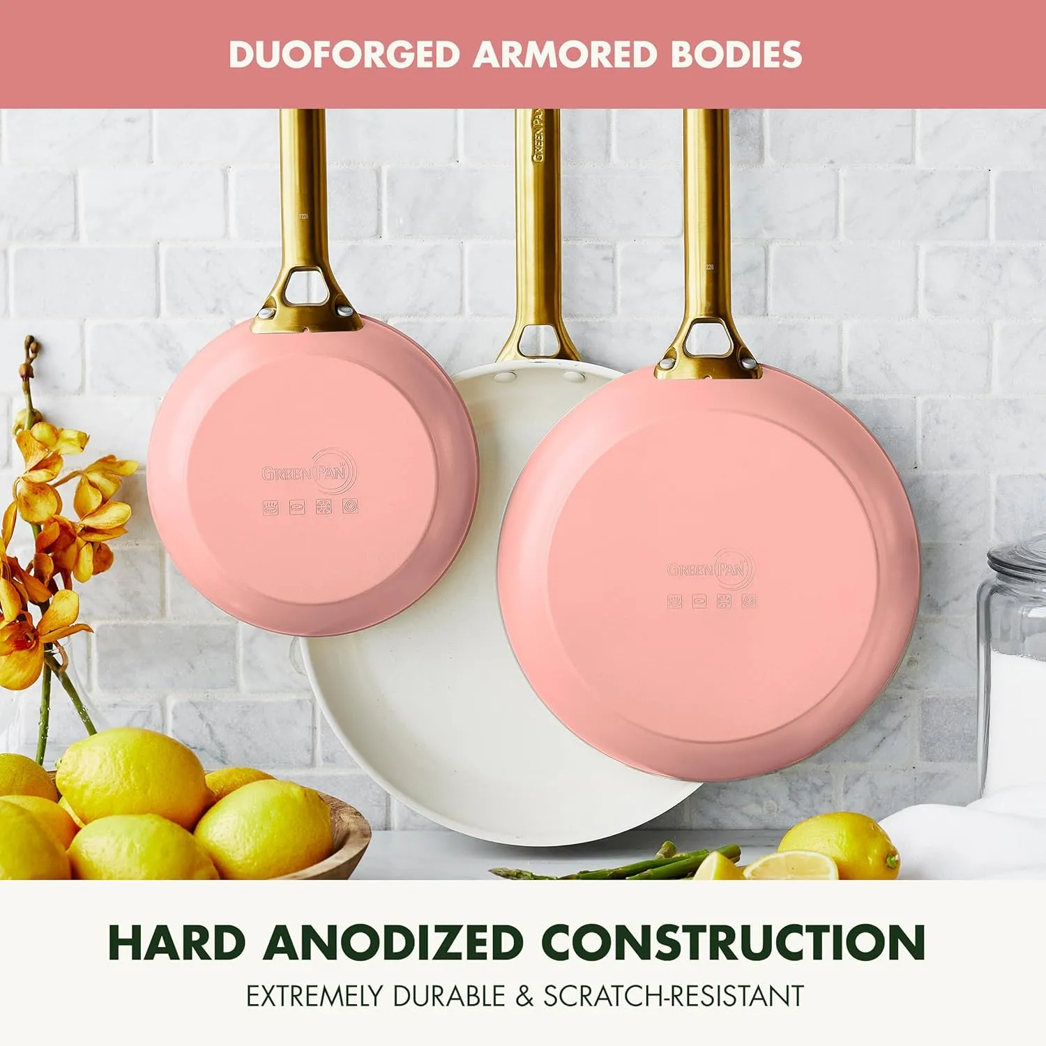 GreenPan Reserve 8" 10" & 12" 3 Piece Frying Pan Skillet Set, Healthy Ceramic Nonstick PFAS-Free Cookware, Hard Anodized Aluminum, Gold-Tone Stainless Steel Handles, Dishwasher and Oven Safe, Coral