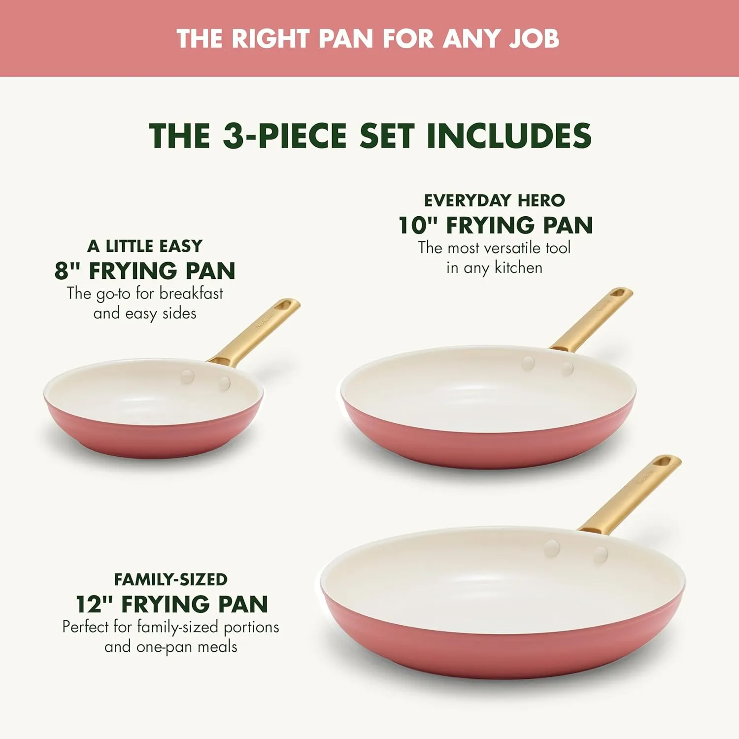 GreenPan Reserve 8" 10" & 12" 3 Piece Frying Pan Skillet Set, Healthy Ceramic Nonstick PFAS-Free Cookware, Hard Anodized Aluminum, Gold-Tone Stainless Steel Handles, Dishwasher and Oven Safe, Coral