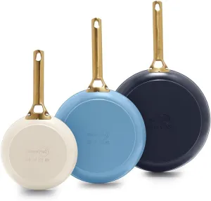 GreenPan Reserve 8" 10" and 12" 3 Piece Frying Pan Skillet Set, Hard Anodized Ceramic Nonstick, PFAS-Free, Gold Handle, Dishwasher Safe, Oven Safe, Blue and Cream Mix