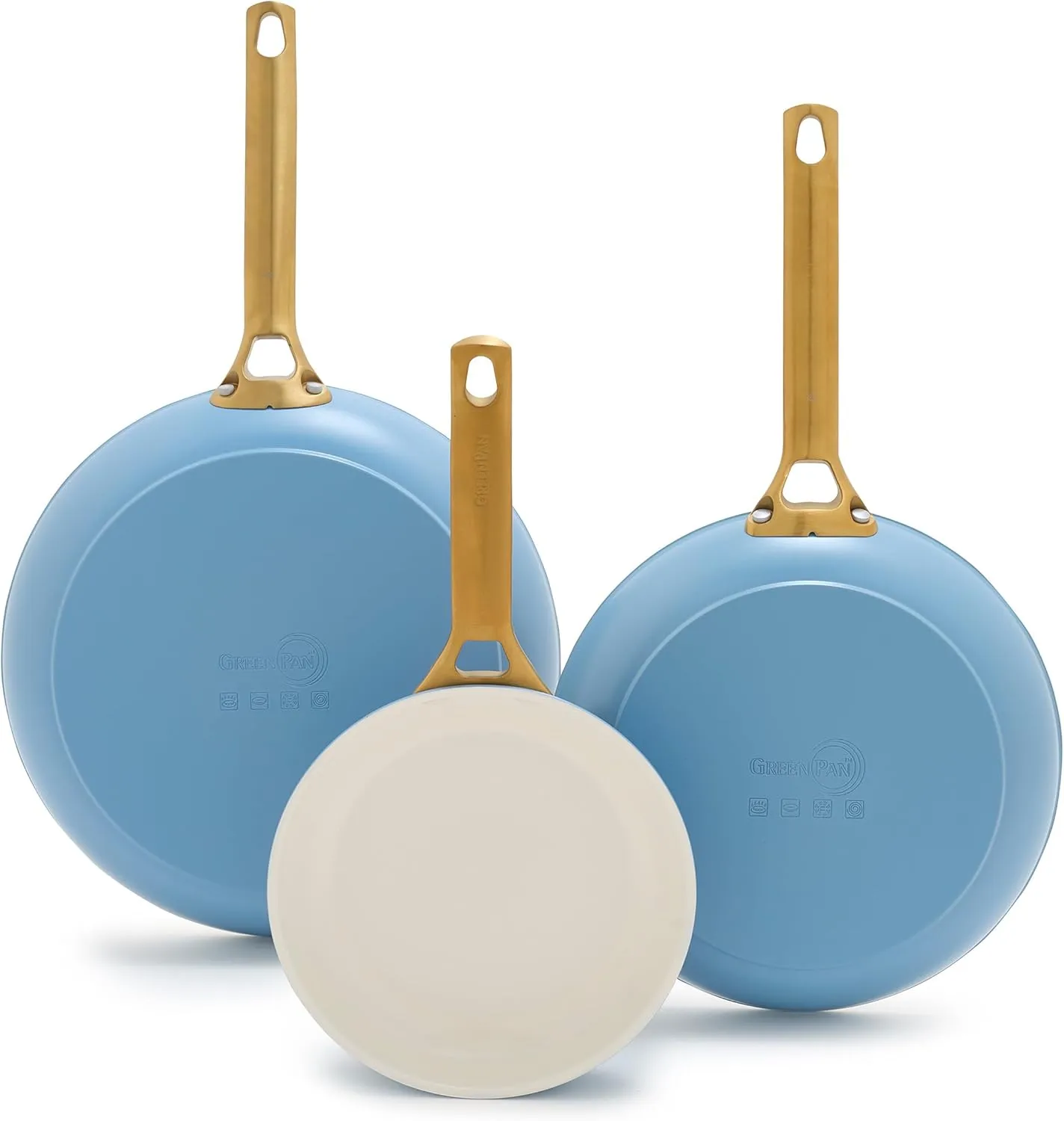 GreenPan Reserve Hard Anodized Healthy Ceramic Nonstick 8" 10" & 12" 3 Piece Frying Pan Skillet Set, Gold Handle, PFAS-Free, Dishwasher Safe, Oven Safe, Sky Blue